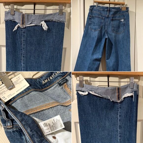LIKE NEW AE Super High Waisted Baggy Wide Leg Cuffed Jeans Dark Distressed 16 - Picture 11 of 12